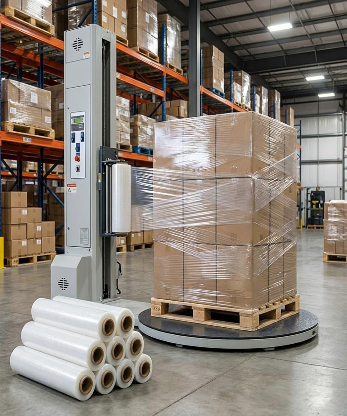 Industrial warehouse with packaged goods ready for dispatch